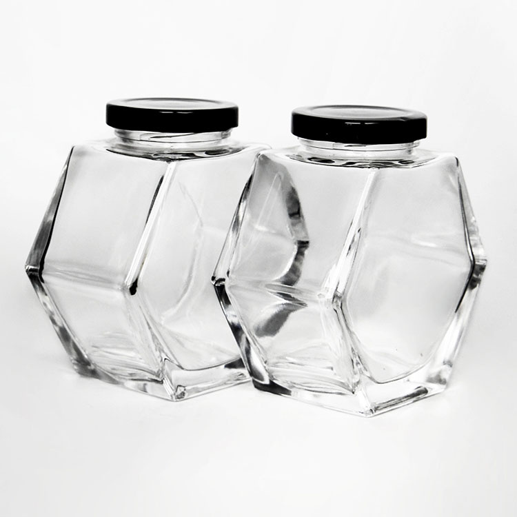 Glass Storage Jar with New Design Hexagon Shape for Honey Food