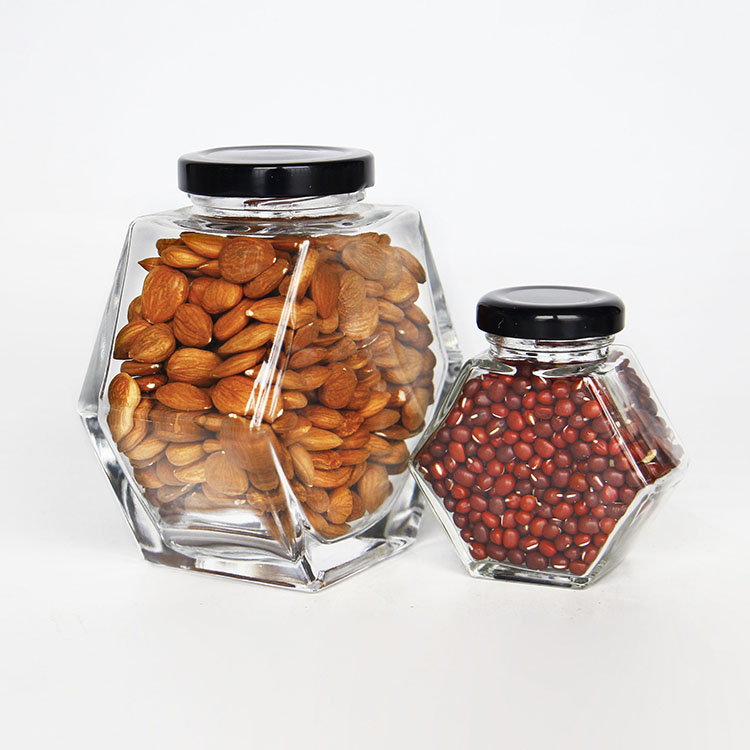 Glass Storage Jar with New Design Hexagon Shape for Honey Food