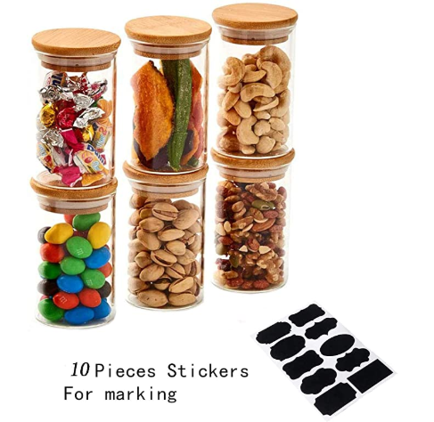 Glass Storage Jars Set 300ML/10.5OZ Spice Jars With Bamboo Lids and Labels Small Food Cereal Storage Containers