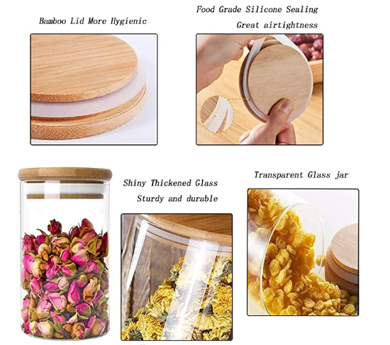Glass Storage Jars Set 300ML/10.5OZ Spice Jars With Bamboo Lids and Labels Small Food Cereal Storage Containers