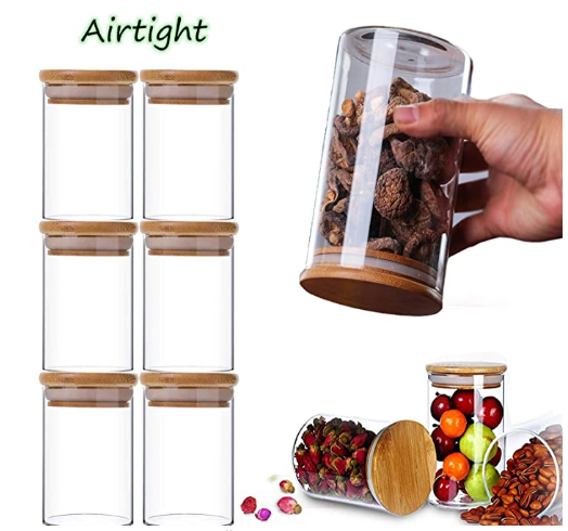 Glass Storage Jars Set 300ML/10.5OZ Spice Jars With Bamboo Lids and Labels Small Food Cereal Storage Containers