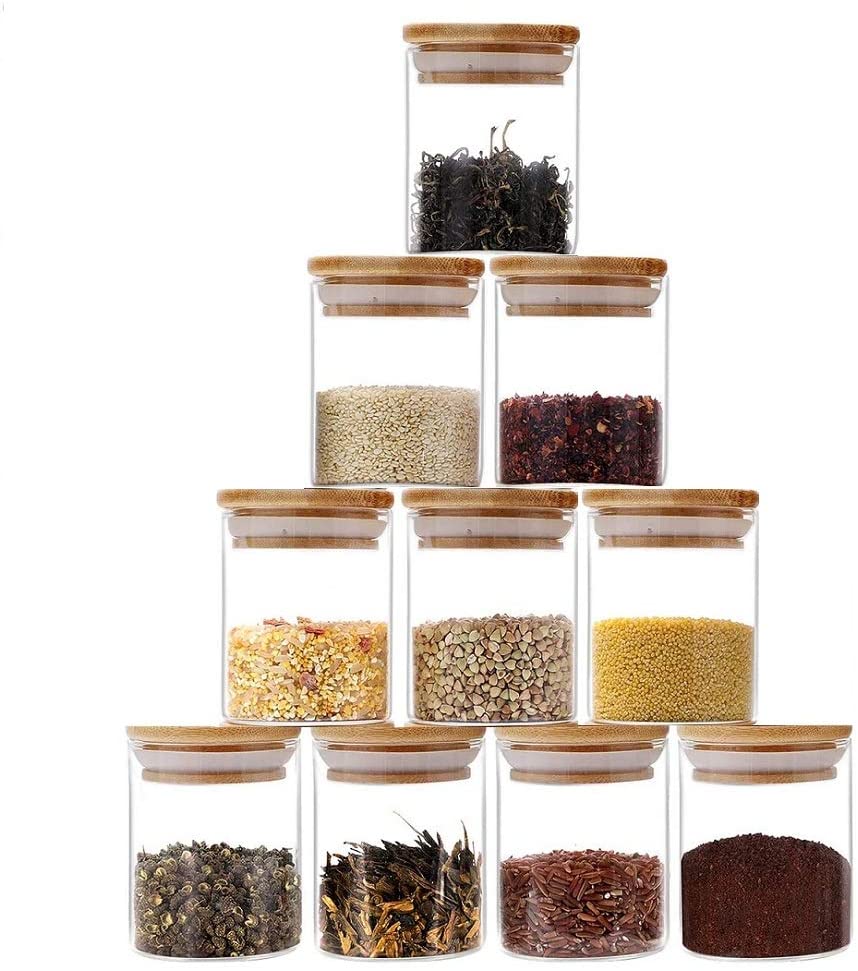 Glass Storage Jars Set with Airtight Bamboo Lids, 6oz 10 Piece Glass Spice Jars-Small Food Storage Containers for Home Kitchen