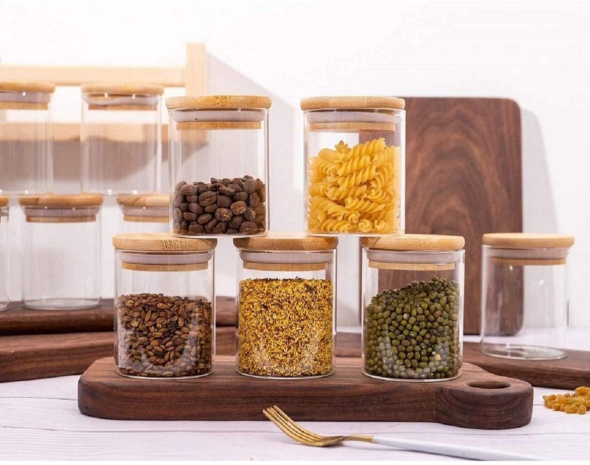 Glass Storage Jars Set with Airtight Bamboo Lids, 6oz 10 Piece Glass Spice Jars-Small Food Storage Containers for Home Kitchen