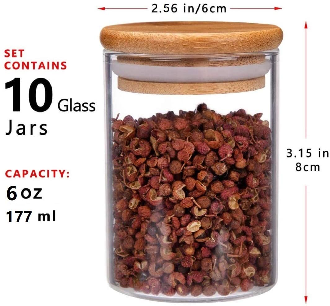 Glass Storage Jars Set with Airtight Bamboo Lids, 6oz 10 Piece Glass Spice Jars-Small Food Storage Containers for Home Kitchen
