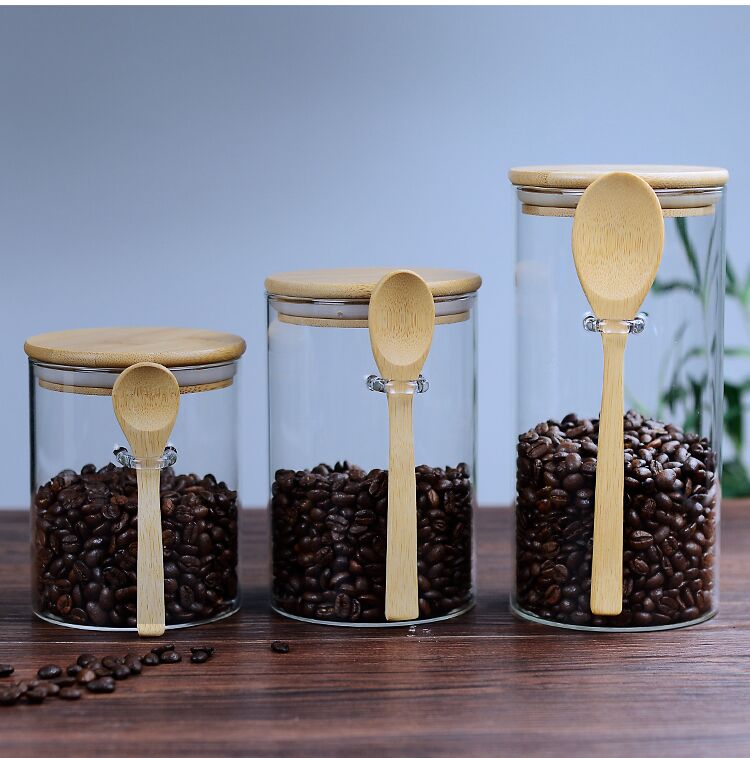 Glass bamboo wood lid jar with wood spoon for kitchen cusomized logo
