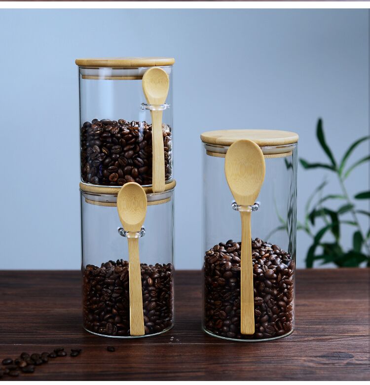 Glass bamboo wood lid jar with wood spoon for kitchen cusomized logo