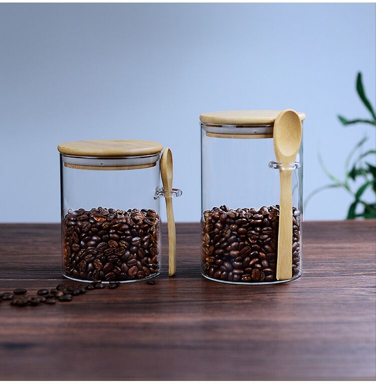 Glass bamboo wood lid jar with wood spoon for kitchen cusomized logo