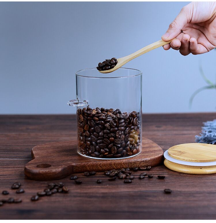 Glass bamboo wood lid jar with wood spoon for kitchen cusomized logo