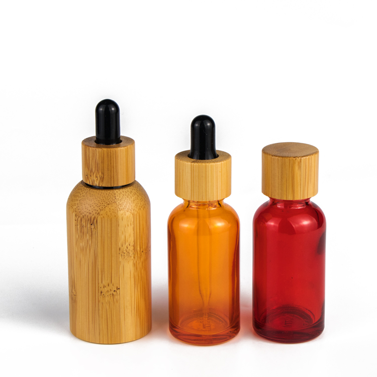 Glass bottle cosmetics packaging bamboo essential oil dropper bottle with bamboo lid