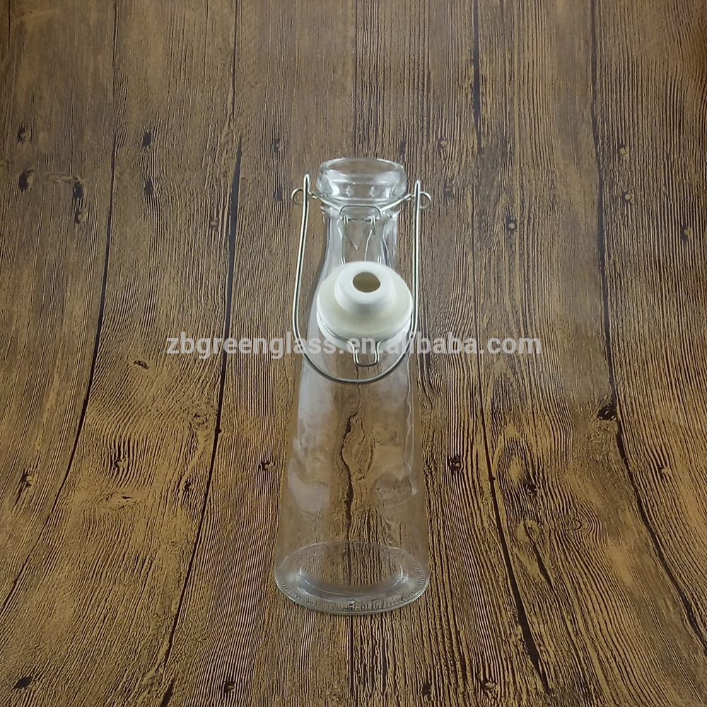 Glass bottles with ceramic hanging swing top stoppers lids for milk
