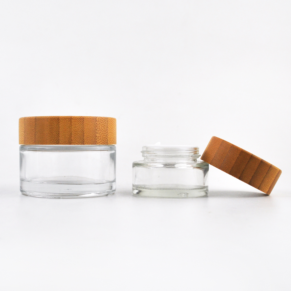 Glass cosmetic cream container 5ml 15ml 30ml 50ml 100ml clear glass jars jar with bamboo lids for cosmetics