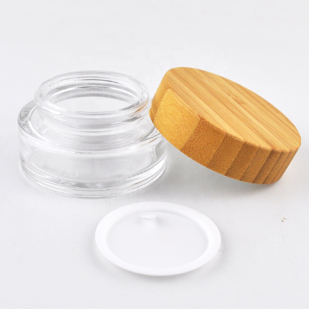 Glass cosmetic cream container 5ml 15ml 30ml 50ml 100ml clear glass jars jar with bamboo lids for cosmetics