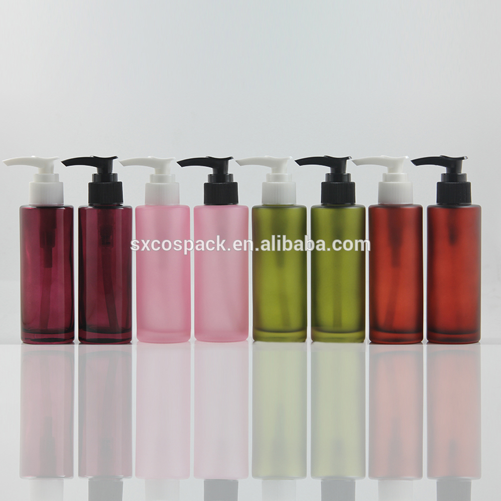 Glass cosmetic matte pink ,rose red pink or glossy mystery purple  glass lotion pump bottle packaging in 120ml