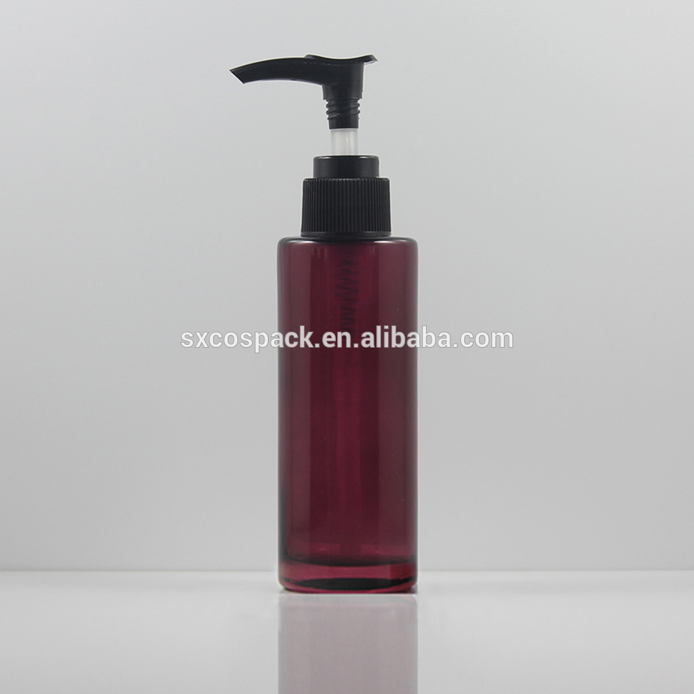 Glass cosmetic matte pink,rose red pink or glossy mystery purple glass lotion pump bottle packaging in 120ml
