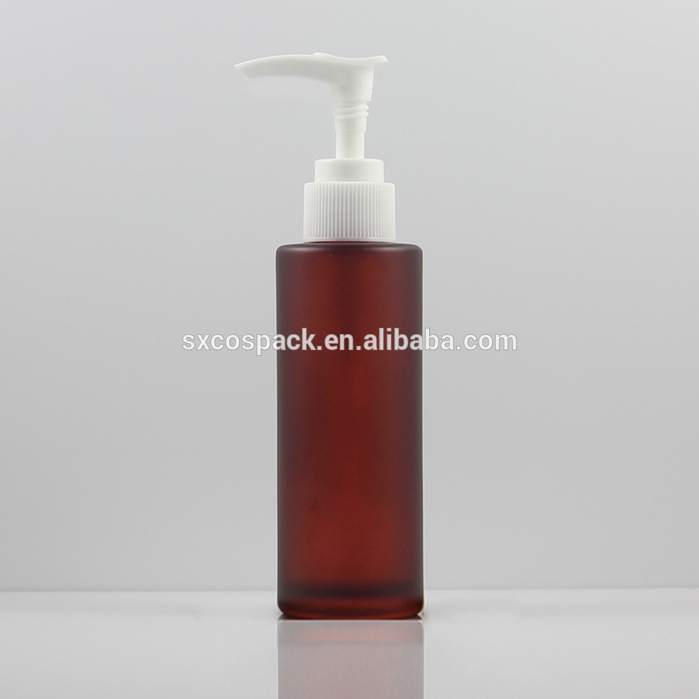 Glass cosmetic matte pink,rose red pink or glossy mystery purple glass lotion pump bottle packaging in 120ml