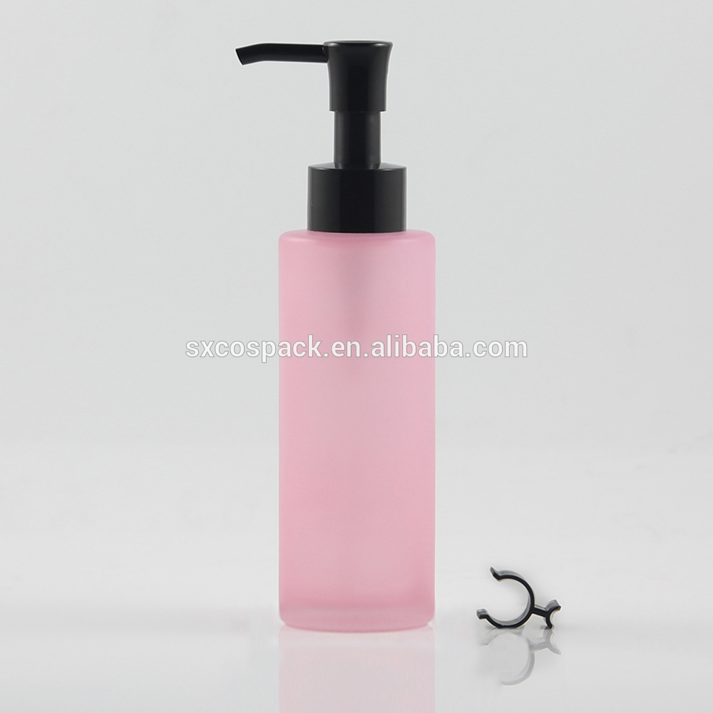 Glass cosmetic matte pink,rose red pink or glossy mystery purple glass lotion pump bottle packaging in 120ml