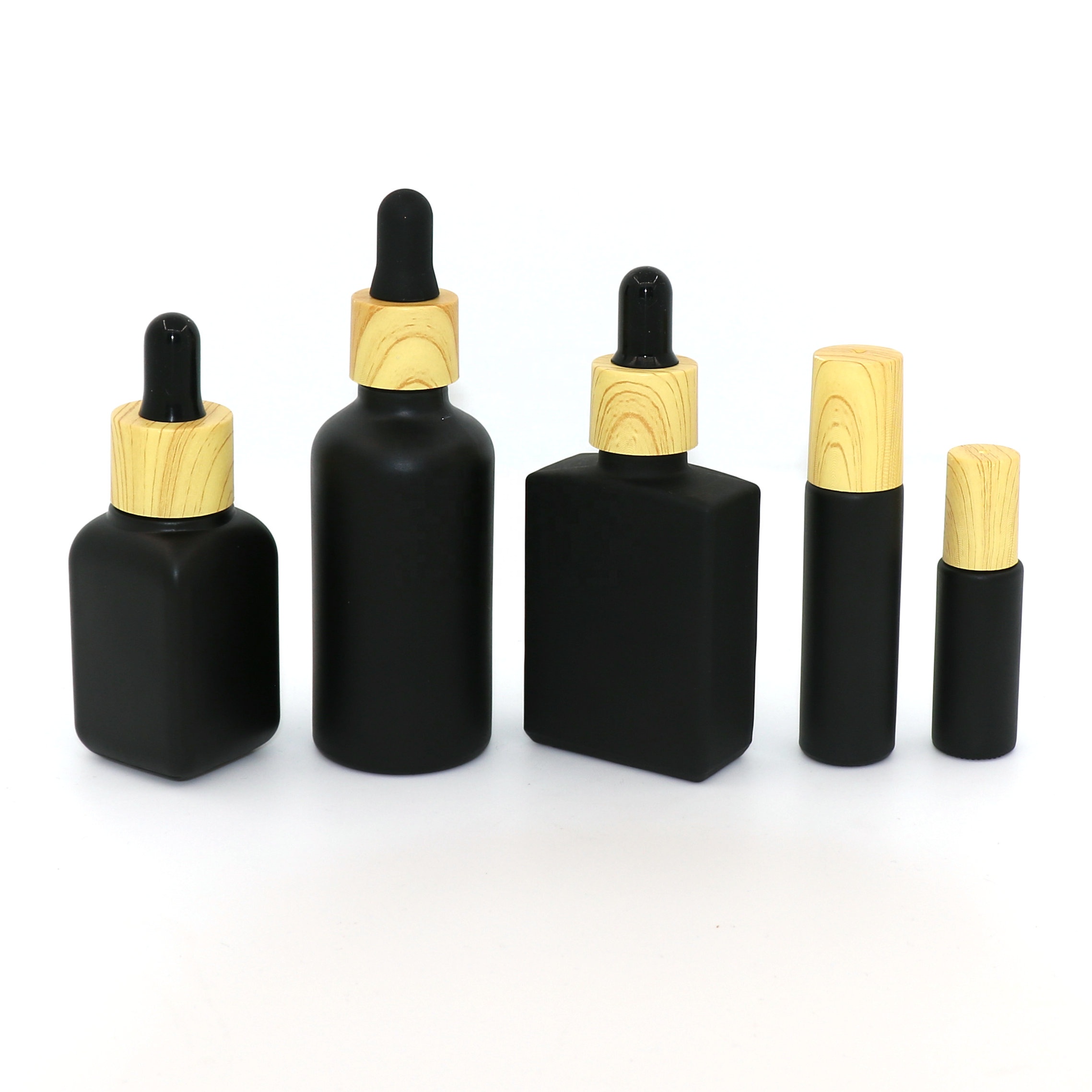 Glass dropper bottle black square or boston round shape spray cosmetic serum with bamboo cap for oil packaging
