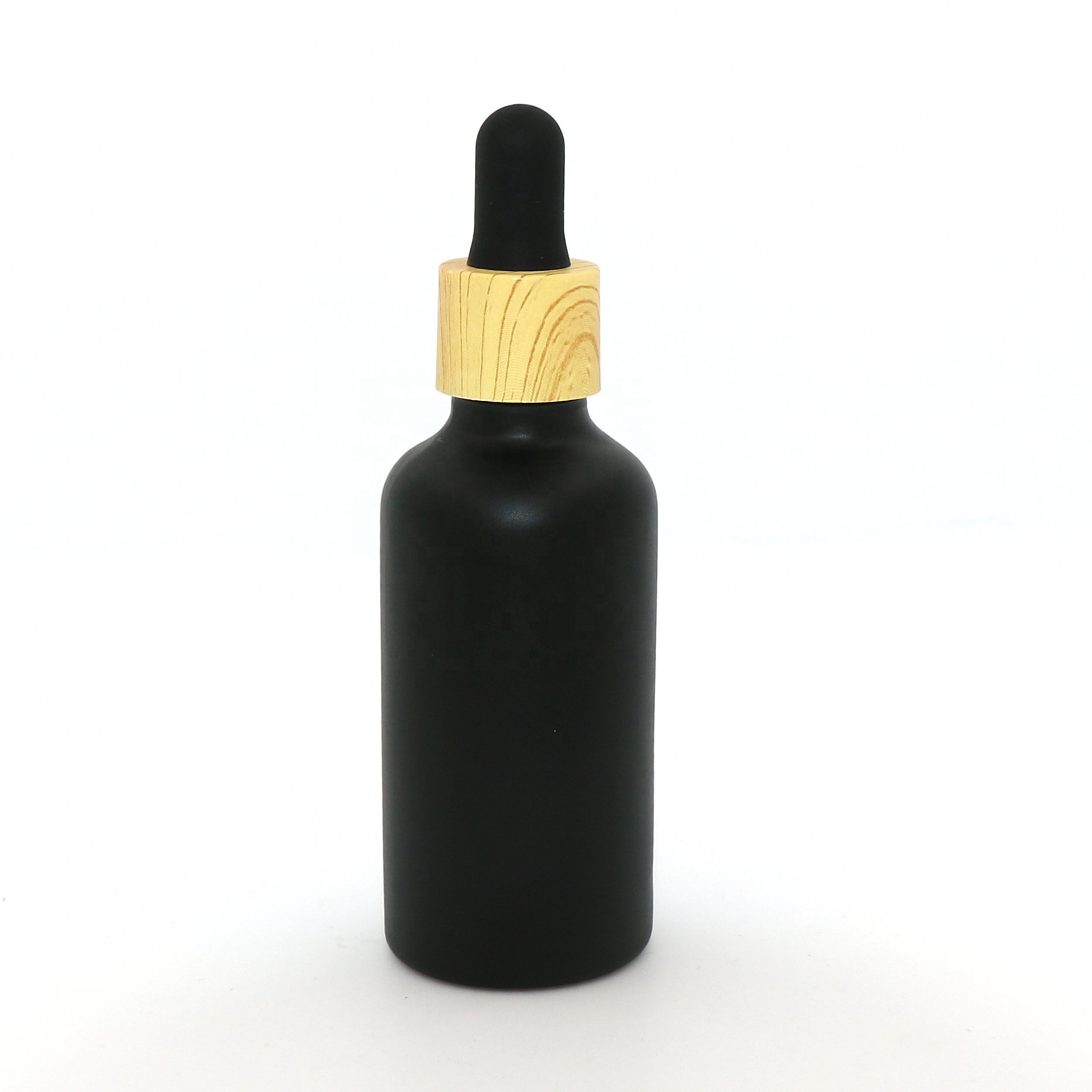 Glass dropper bottle black square or boston round shape spray cosmetic serum with bamboo cap for oil packaging