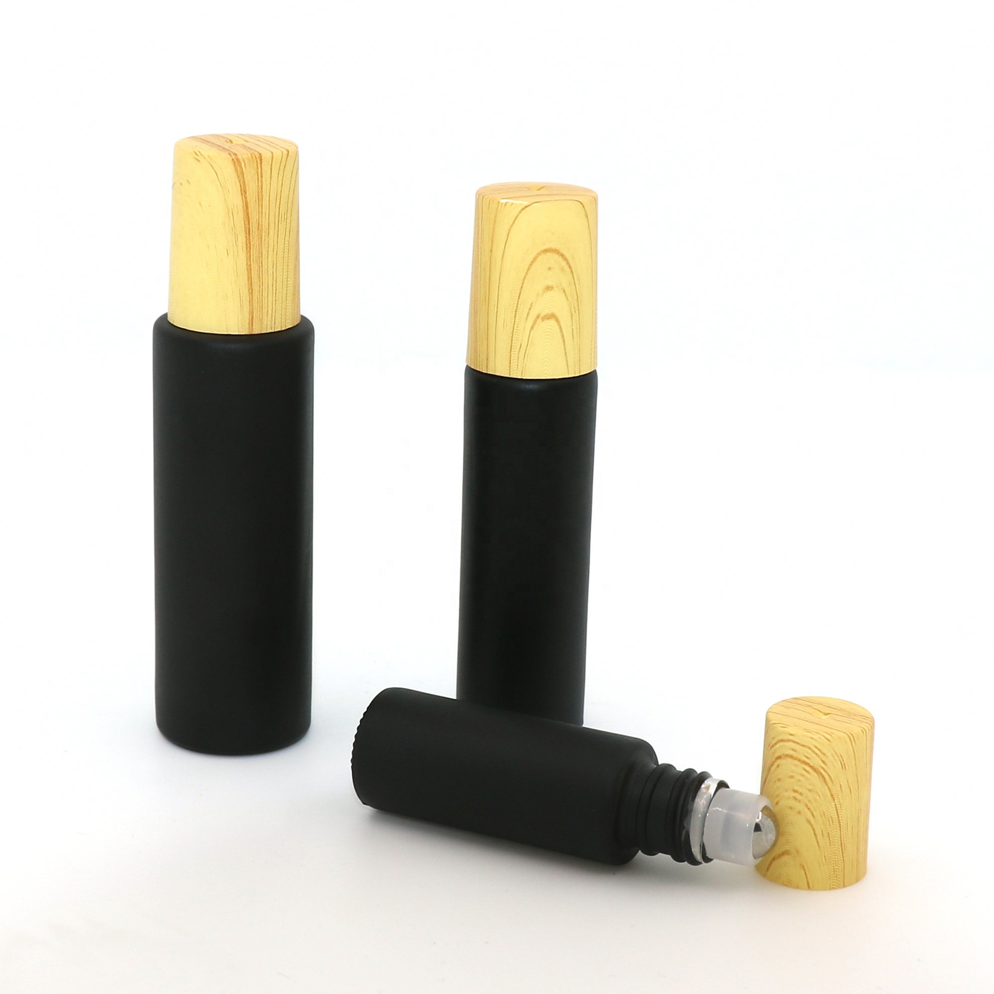 Glass dropper bottle black square or boston round shape spray cosmetic serum with bamboo cap for oil packaging
