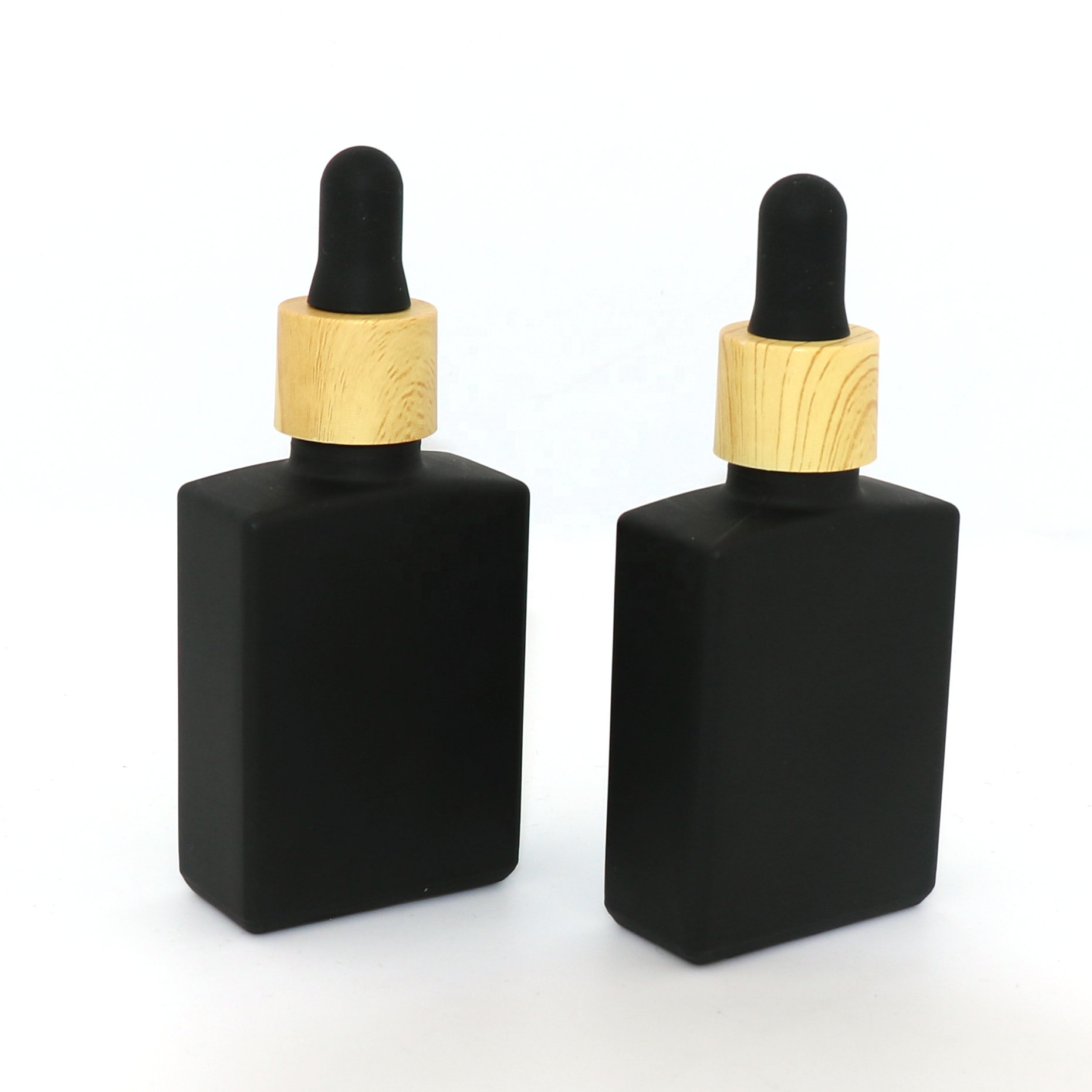 Glass dropper bottle black square or boston round shape spray cosmetic serum with bamboo cap for oil packaging