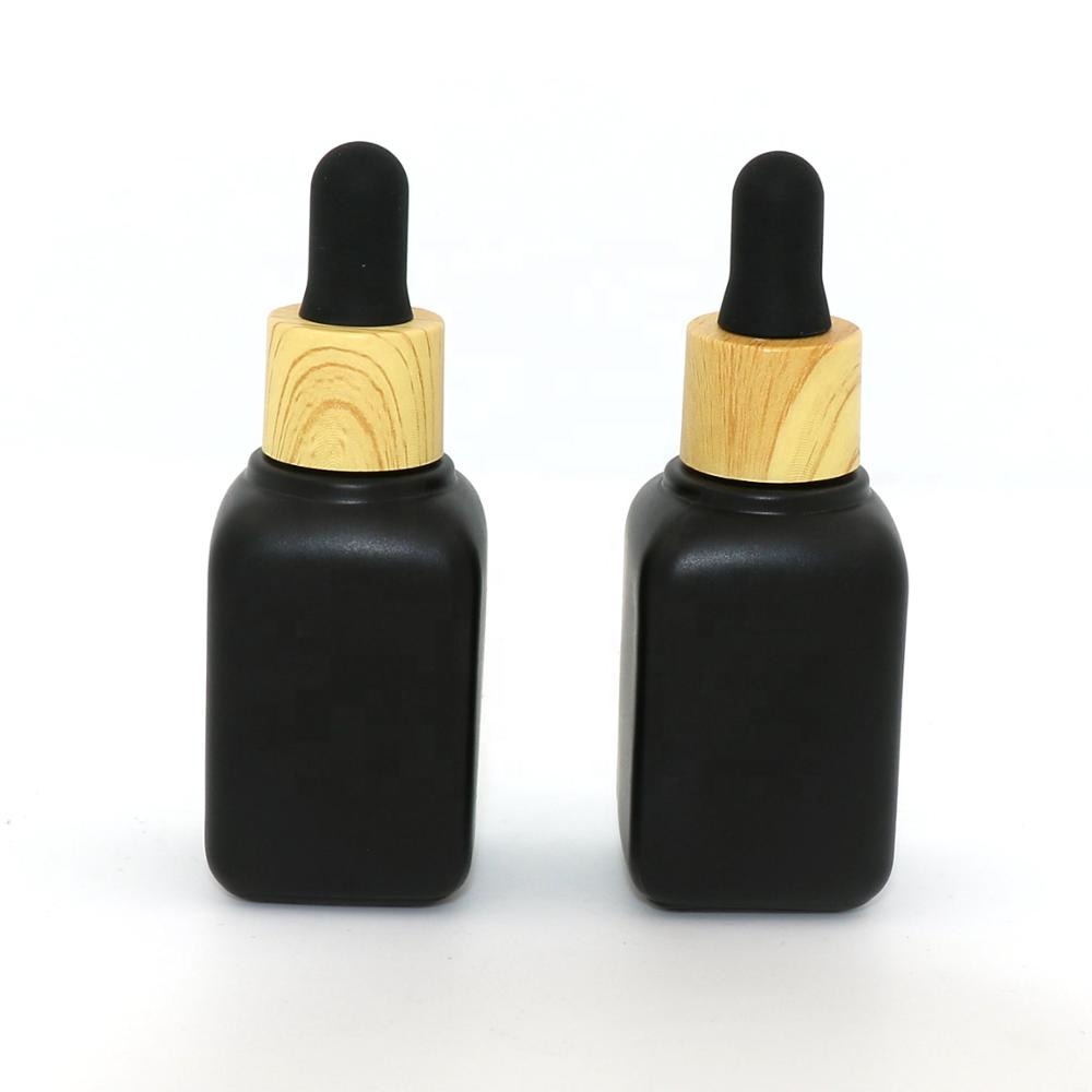 Glass dropper bottle black square or boston round shape spray cosmetic serum with bamboo cap for oil packaging