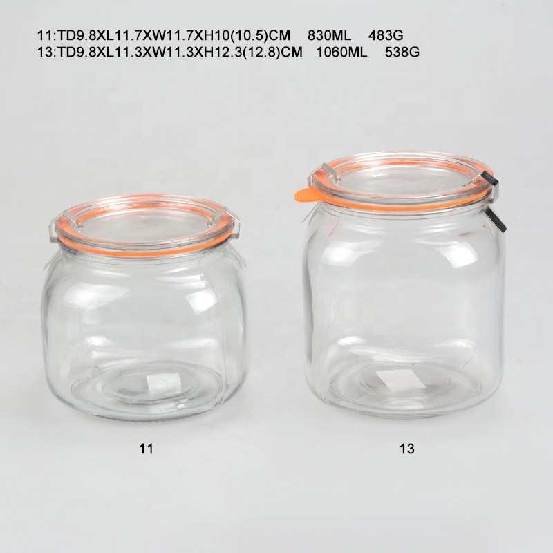 Glass factory 330ml 750ml 1000ml wide mouth glass weck canning jars with clip and glass lid