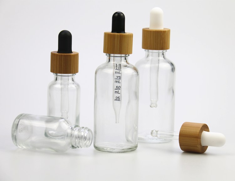 Glass food grade 30ml clear glass bottle dropper 1 oz essential oil bottles with bamboo cap