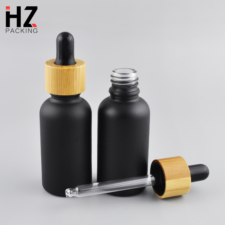 Glass food grade 30ml matt black dropper 1 oz essential oil bottles with bamboo cap