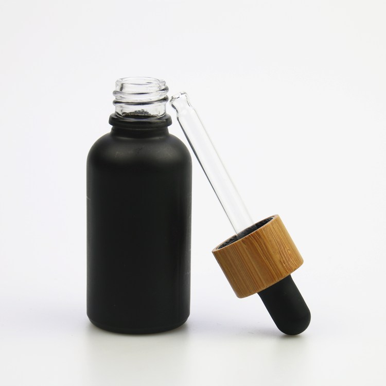 Glass food grade 30ml matt black dropper 1 oz essential oil bottles with bamboo lid