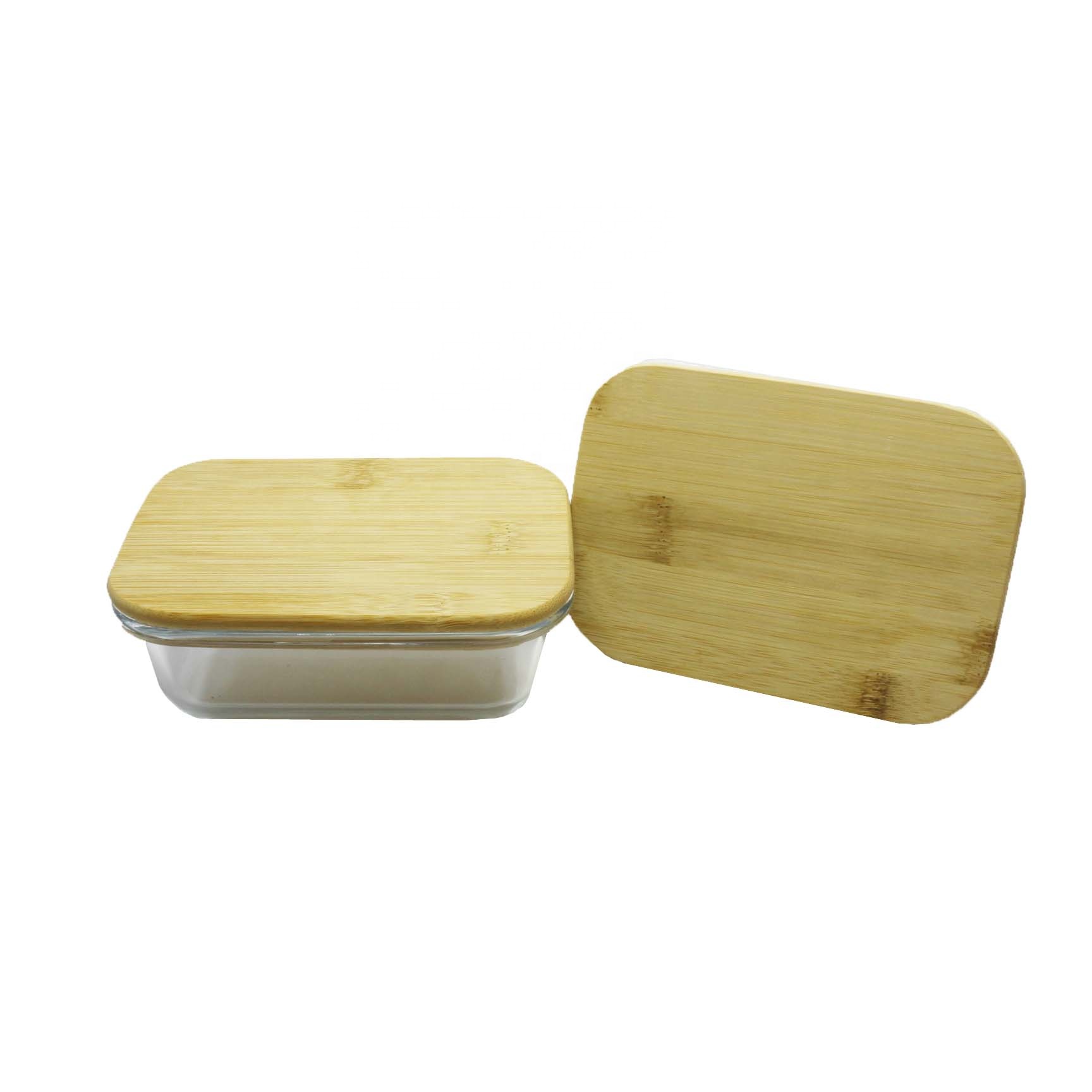 Glass food storage box bamboo wood lid 1050ml rectangle bamboo lid storage container LB-CC9