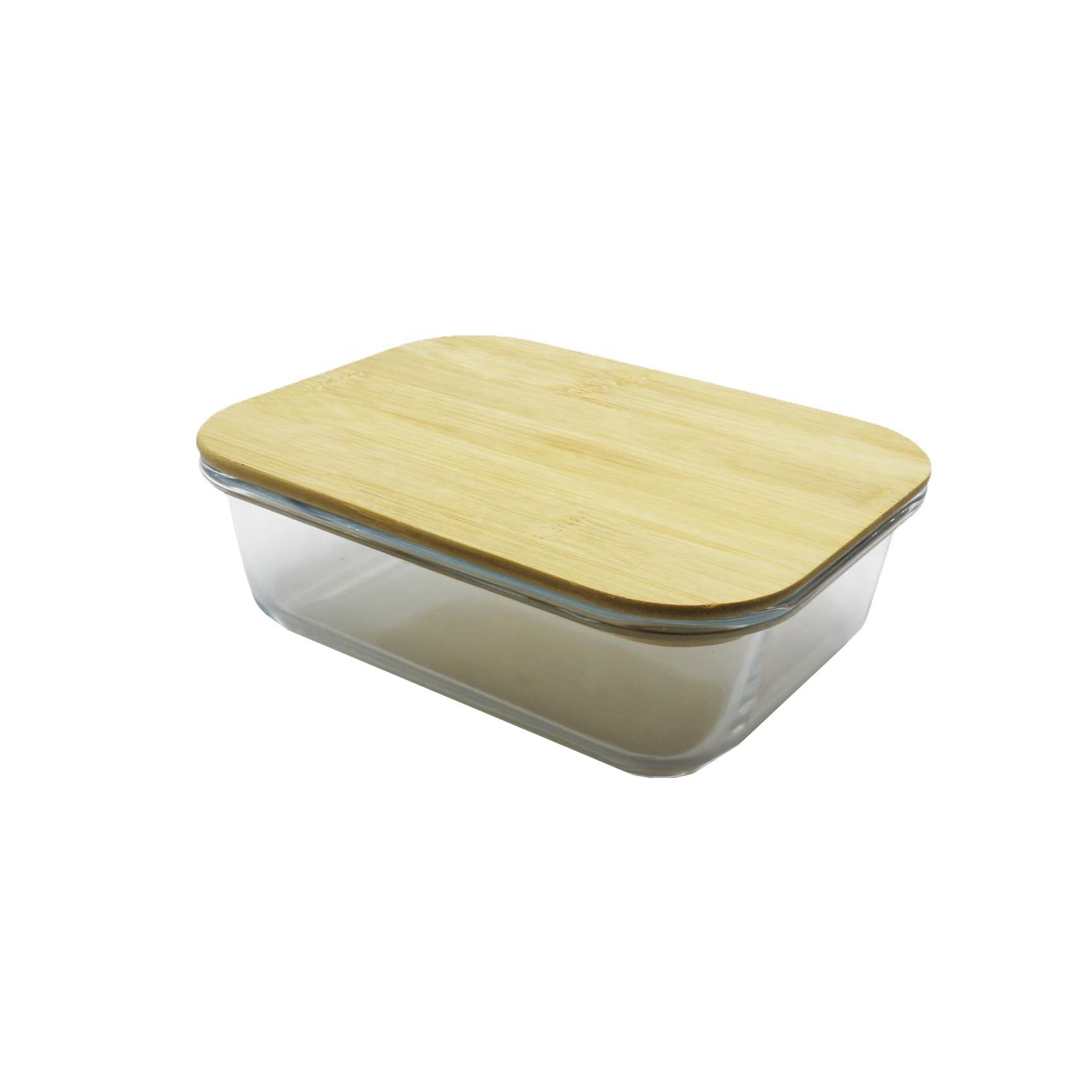 Glass food storage box bamboo wood lid 1050ml rectangle bamboo lid storage container LB-CC9