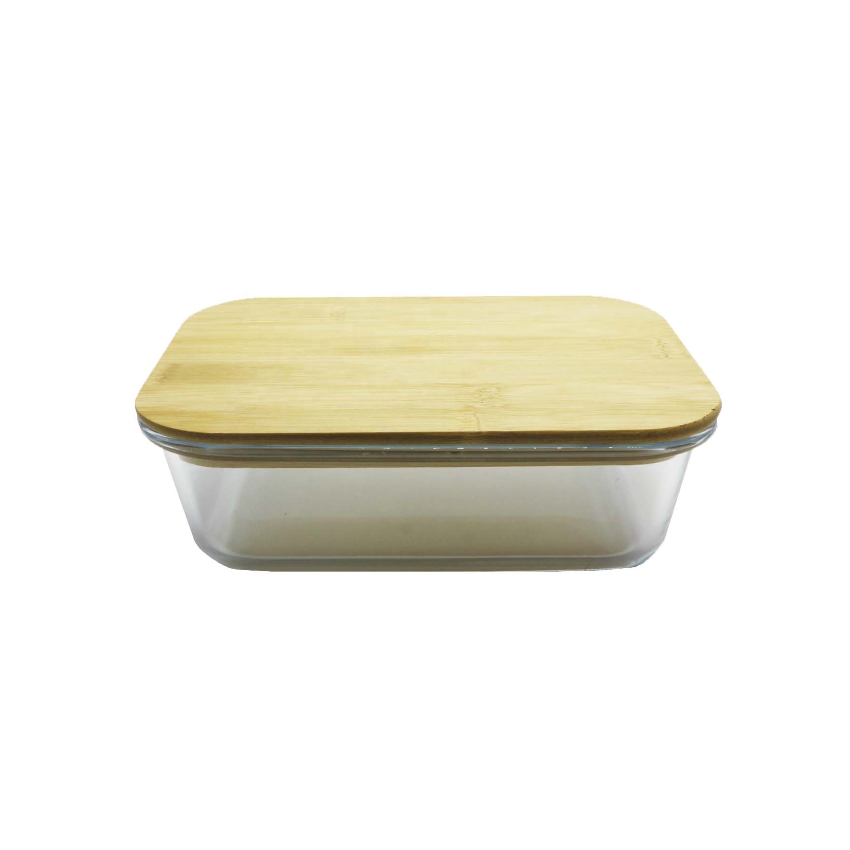 Glass food storage box bamboo wood lid 1050ml rectangle bamboo lid storage container LB-CC9