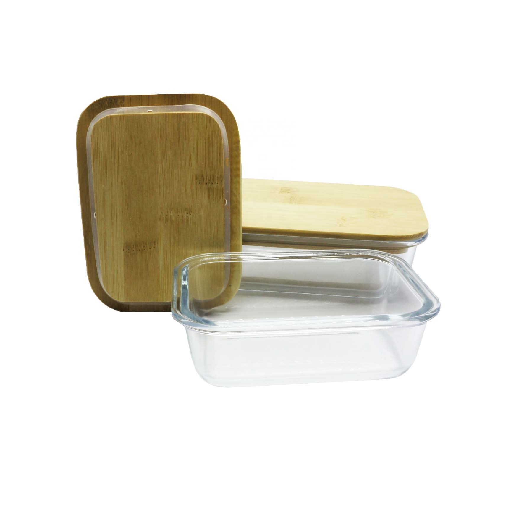 Glass food storage box bamboo wood lid 1050ml rectangle bamboo lid storage container LB-CC9