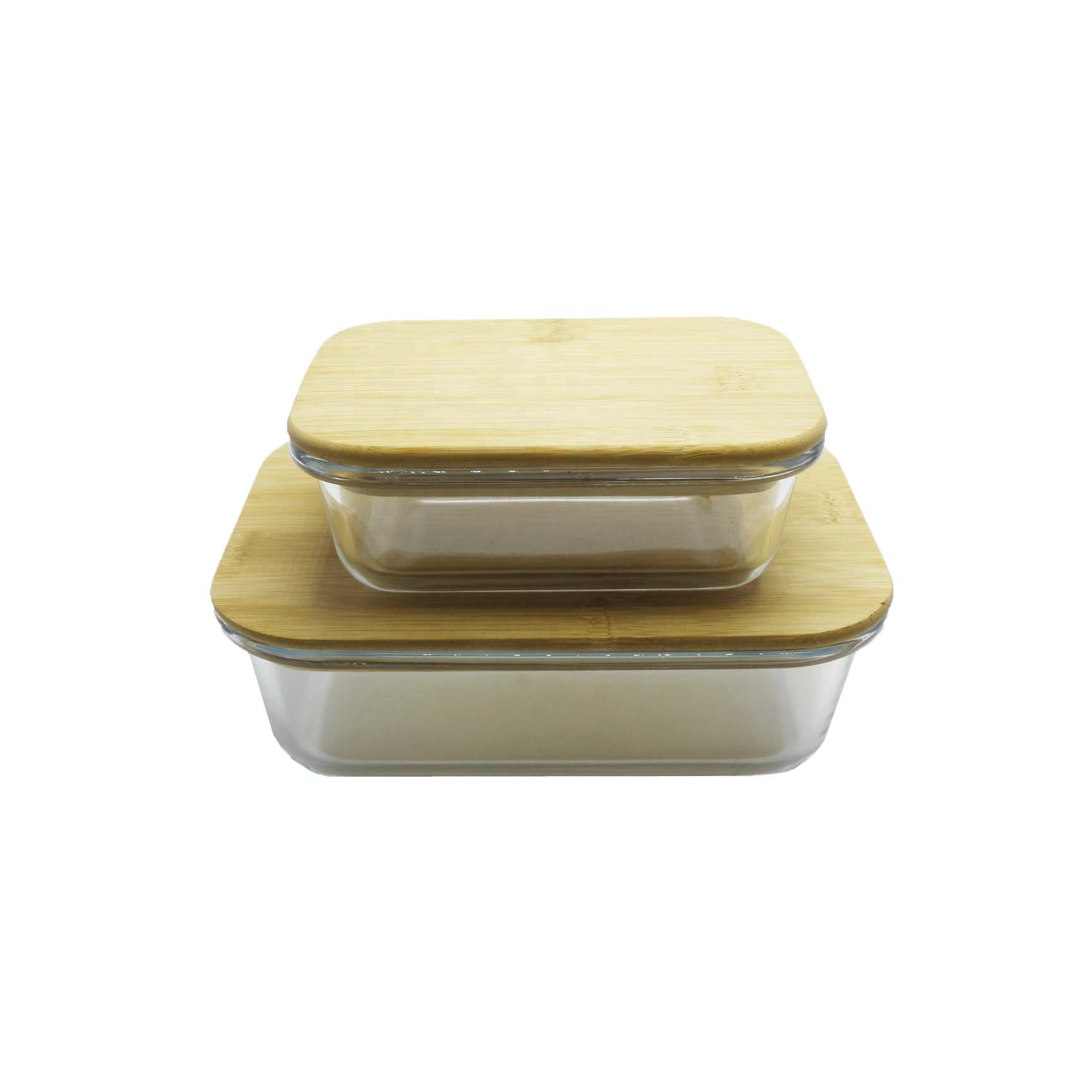 Glass food storage box bamboo wood lid 1050ml rectangle bamboo lid storage container LB-CC9
