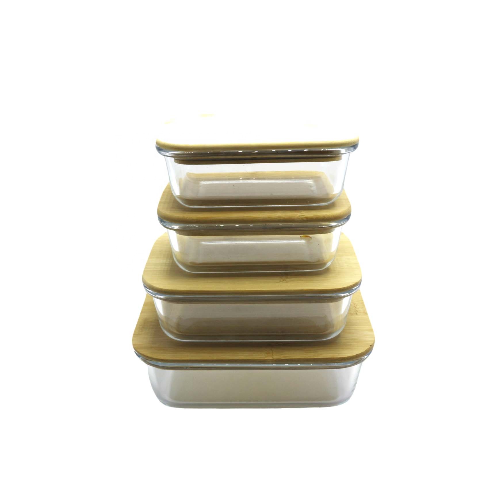Glass food storage box bamboo wood lid 1050ml rectangle bamboo lid storage container LB-CC9