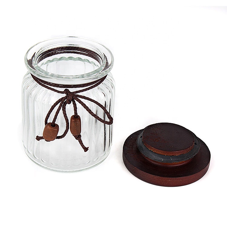 Glass jar supplier kitchen use 10oz 300ml wide mouth clear airtight glass food storage jar with wooden lid