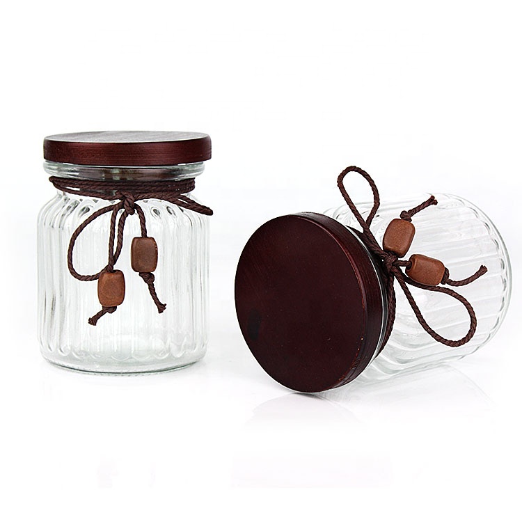 Glass jar supplier kitchen use 10oz 300ml wide mouth clear airtight glass food storage jar with wooden lid