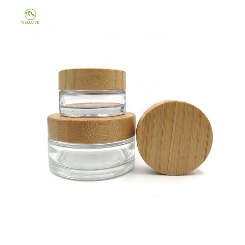Glass material 5g 15g 30g 50g 100g cylinder transparent cosmetic serum cream jar with bamboo screw lid