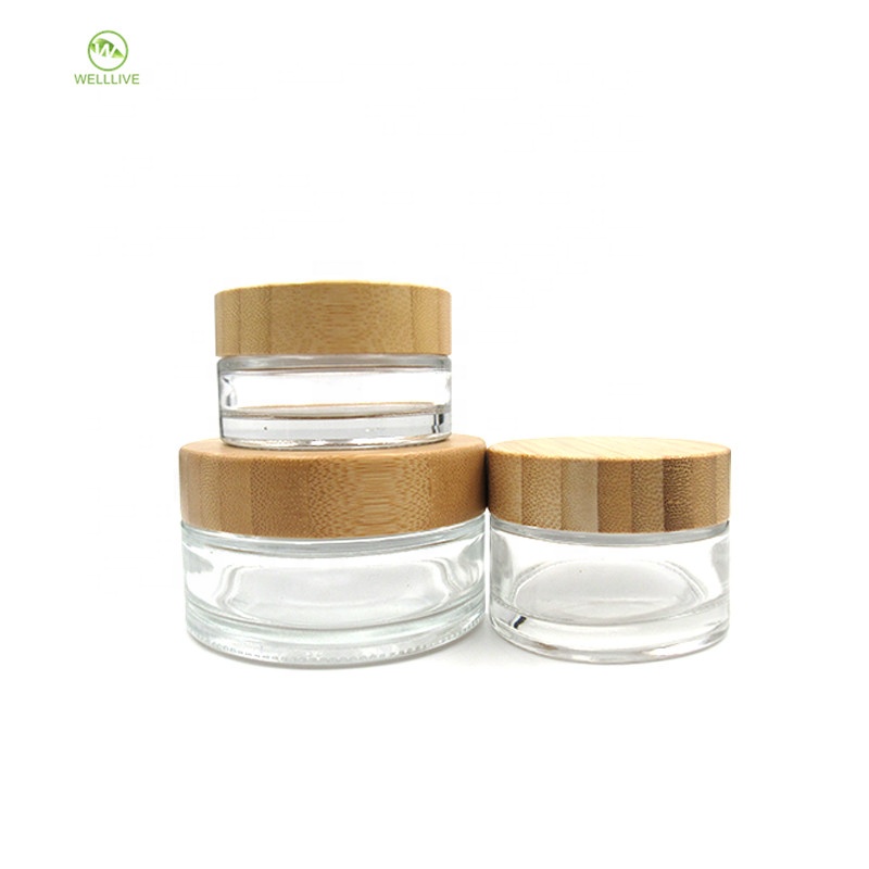 Glass material 5g 15g 30g 50g 100g cylinder transparent cosmetic serum cream jar with bamboo screw lid