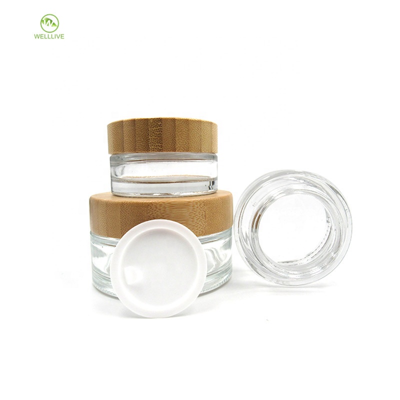 Glass material 5g 15g 30g 50g 100g cylinder transparent cosmetic serum cream jar with bamboo screw lid