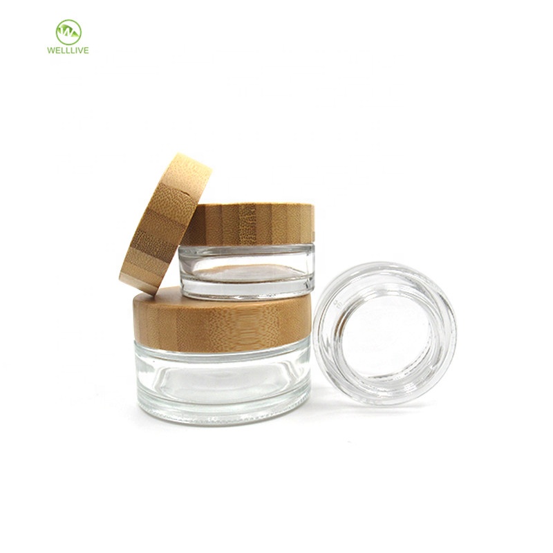 Glass material 5g 15g 30g 50g 100g cylinder transparent cosmetic serum cream jar with bamboo screw lid