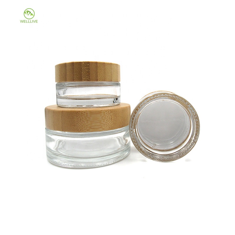 Glass material 5g 15g 30g 50g 100g cylinder transparent cosmetic serum cream jar with bamboo screw lid