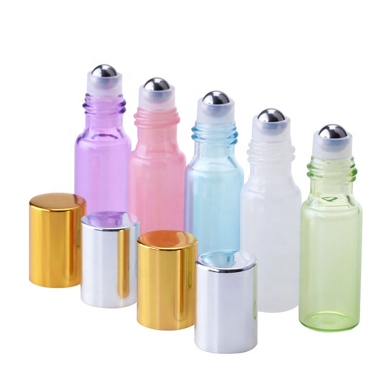 Glass roll on bottle cosmetic empty rainbow 5ml mini round essential oil bottles with silver gold lid