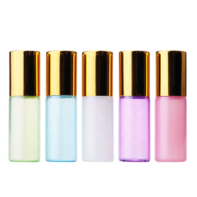 Glass roll on bottle cosmetic empty rainbow 5ml mini round essential oil bottles with silver gold lid