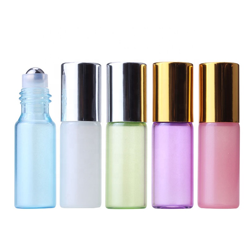 Glass roll on bottle cosmetic empty rainbow 5ml mini round essential oil bottles with silver gold lid