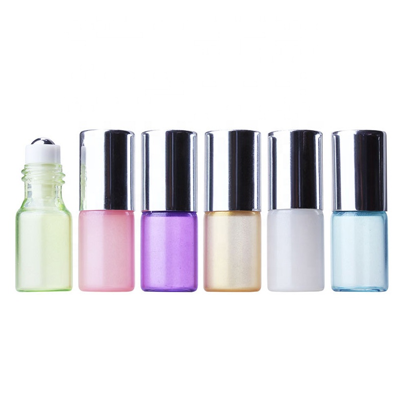Glass roll on bottle cosmetic empty rainbow 5ml mini round essential oil bottles with silver gold lid