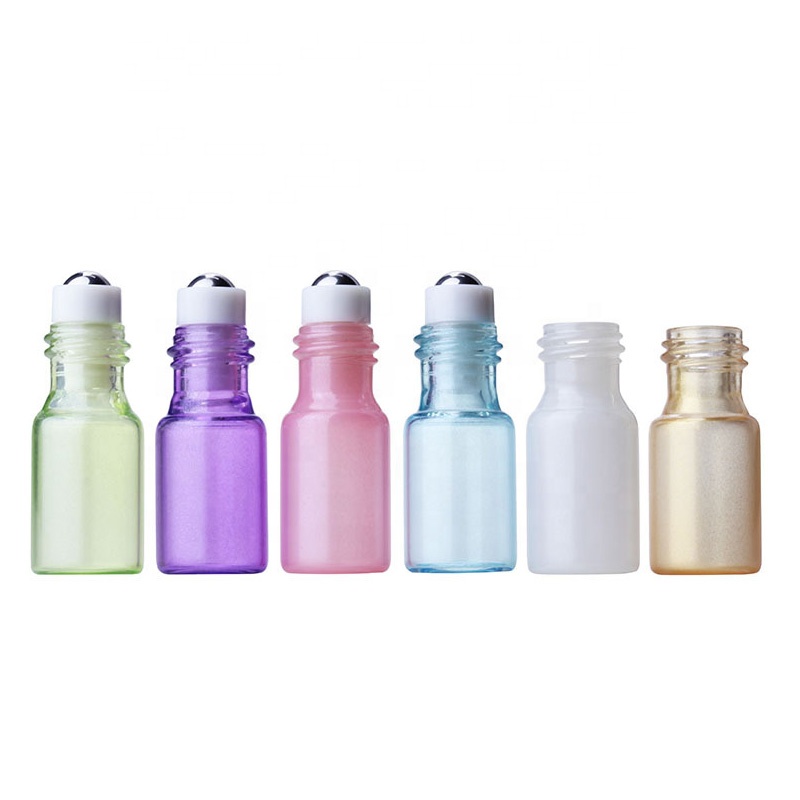 Glass roll on bottle cosmetic empty rainbow 5ml mini round essential oil bottles with silver gold lid