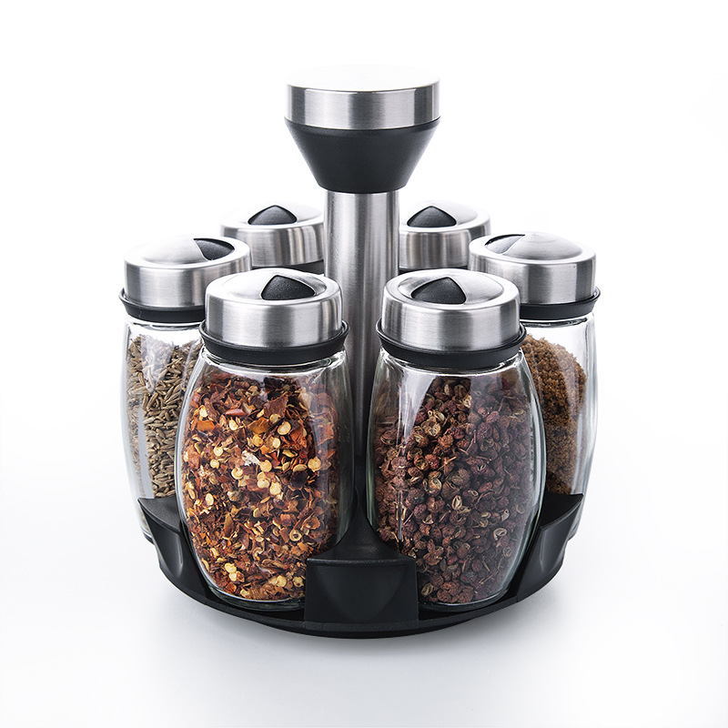 Glass seasoning bottle rotary spice jar condiment dispenser seasoning box stainless steel condiment bottle seasoning Jar Kitchen