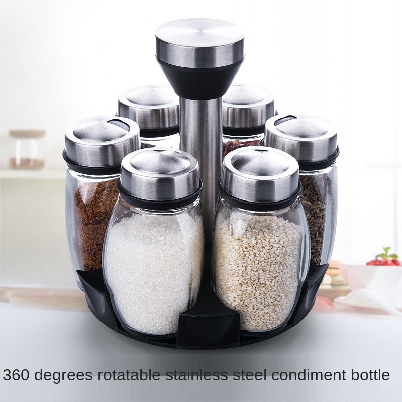 Glass seasoning bottle rotary spice jar condiment dispenser seasoning box stainless steel condiment bottle seasoning Jar Kitchen