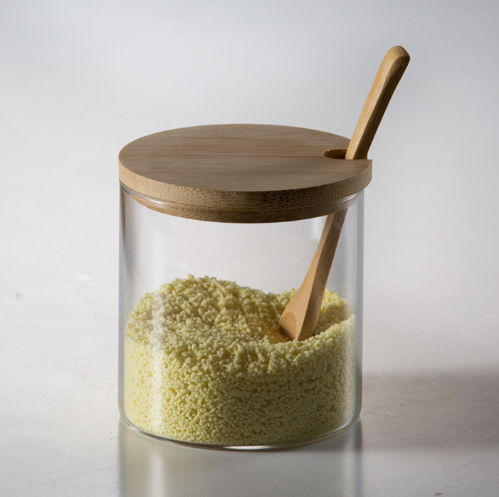 Glass seasoning/spices/salt/container/bottle set with bamboo lid and household spoon